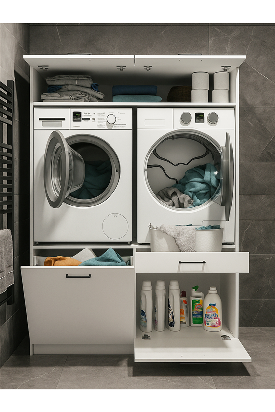Dorpek Lipa Çamaşır Kurutma Makinesi Dolabı, Banyo Dolabı & Çamaşır Makinesi Kirli Sepeti | Beyaz