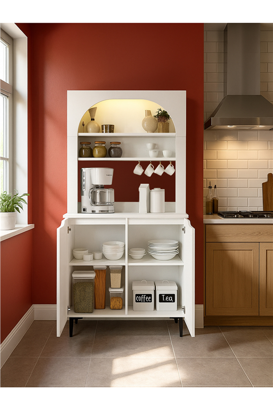 Dorpek Melinta 2 Kapaklı LEDli Mutfak Dolabı – Kahve Köşesi & Çok Amaçlı Dolap