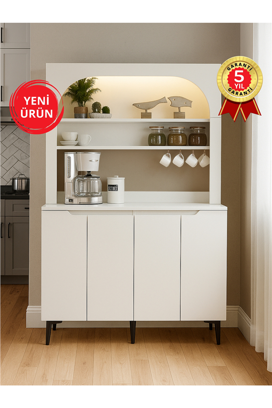 Dorpek Melinta 4 Kapaklı LEDli Mutfak Dolabı – Kahve Köşesi & Çok Amaçlı Dolap