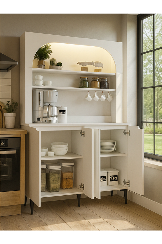 Dorpek Melinta 4 Kapaklı LEDli Mutfak Dolabı – Kahve Köşesi & Çok Amaçlı Dolap