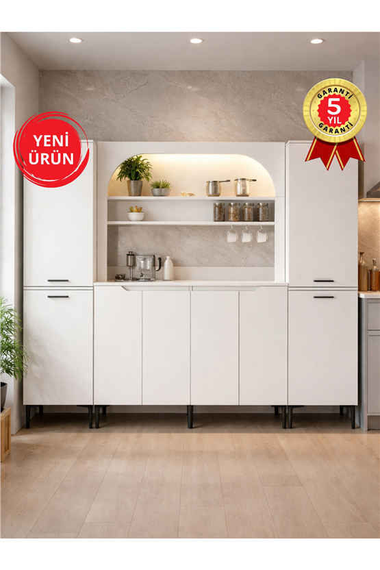 Dorpek Melinta 4 Kapaklı LEDli Mutfak Dolabı & 2*Singa Sepetli Çok Amaçlı Dolap Beyaz