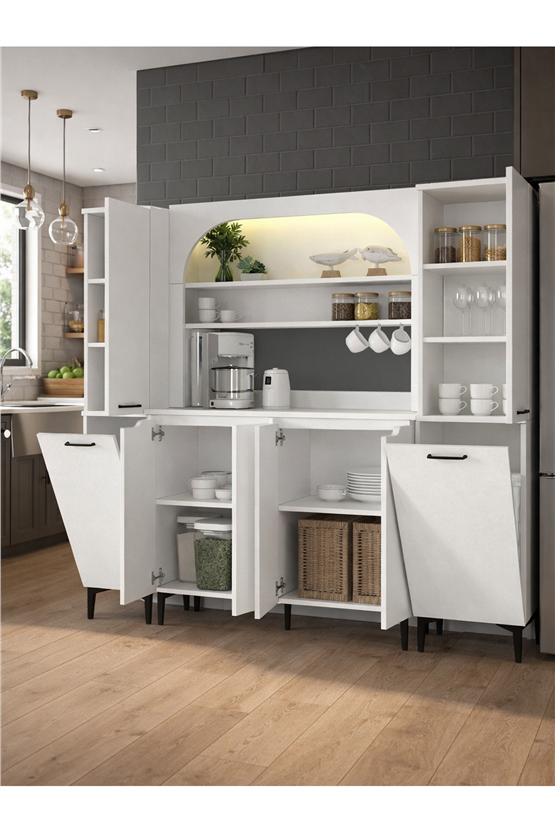 Dorpek Melinta 4 Kapaklı LEDli Mutfak Dolabı & 2*Singa Sepetli Çok Amaçlı Dolap Beyaz