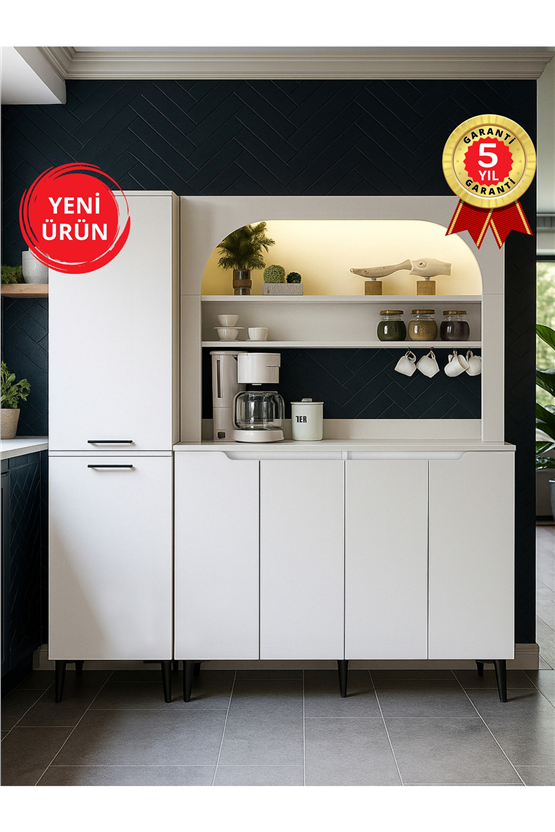 Dorpek Melinta LEDli 4 Kapaklı Mutfak Dolabı, Kahve Köşesi & Singa Çok Amaçlı Dolap, Sepetli Dolap