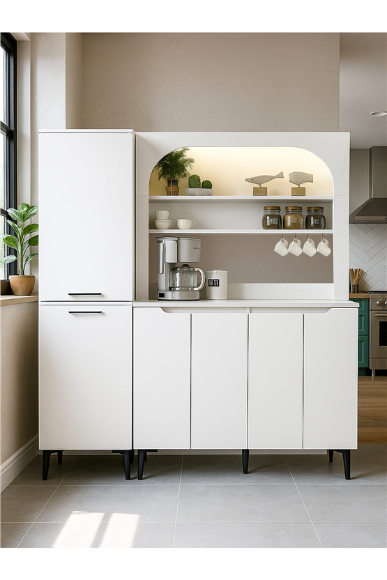 Dorpek Melinta LEDli 4 Kapaklı Mutfak Dolabı, Kahve Köşesi & Singa Çok Amaçlı Dolap, Sepetli Dolap