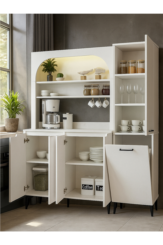 Dorpek Melinta LEDli 4 Kapaklı Mutfak Dolabı, Kahve Köşesi & Singa Çok Amaçlı Dolap, Sepetli Dolap