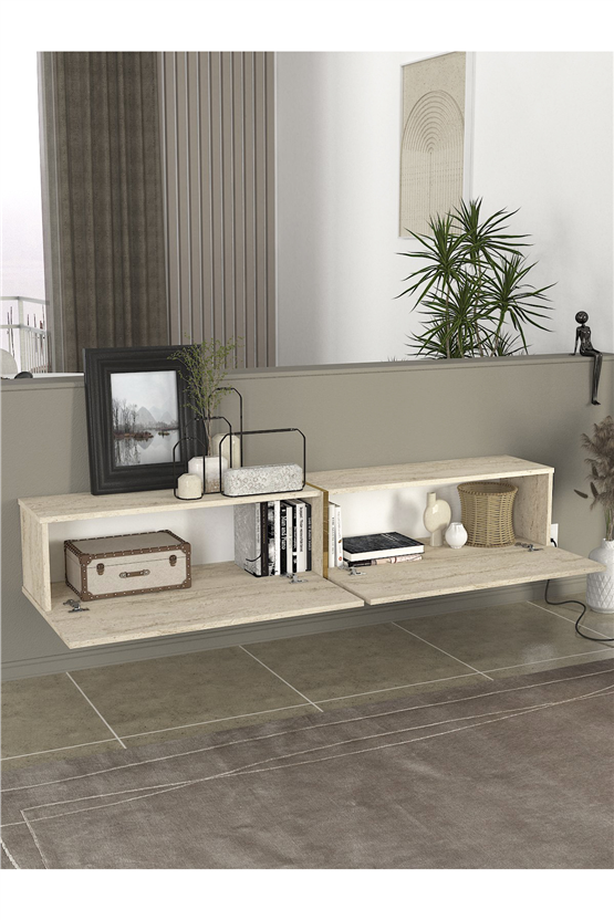 Dorpek Modern Espanse Tv Ünitesi Traverten 180 cm , Modern ve Kolay Kurulum, Gold Detaylı