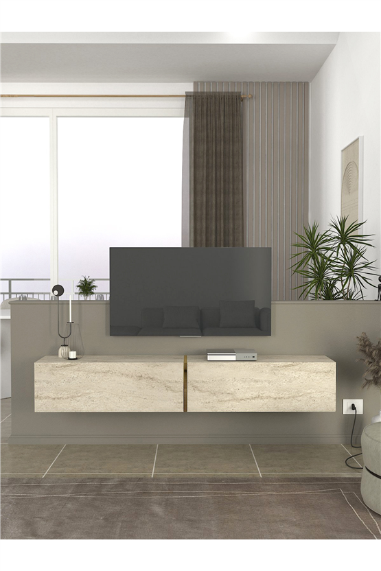 Dorpek Modern Espanse Tv Ünitesi Traverten 180 cm , Modern ve Kolay Kurulum, Gold Detaylı
