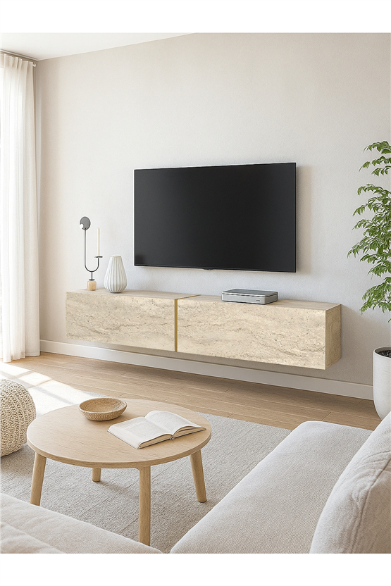 Dorpek Modern Espanse Tv Ünitesi Traverten 180 cm , Modern ve Kolay Kurulum, Gold Detaylı