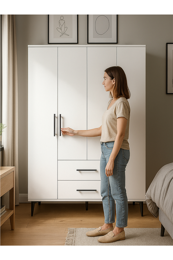 Dorpek Nuna 4 Kapaklı 2 Çekmeceli Gardırop – 120 cm Genişlik Beyaz Elbise Dolabı