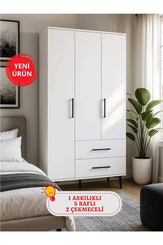 Dorpek Nuna Gardırop 3 Kapaklı 2 Çekmeceli – 180x90 cm Genç ve Yatak Odası Dolabı