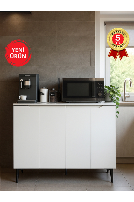 Dorpek Olie 4 Kapaklı Çok Amaçlı Dolap, Erzak Dolabı, Kahve Köşesi Dolabı & Kiler Dolabı 120 cm Beyaz