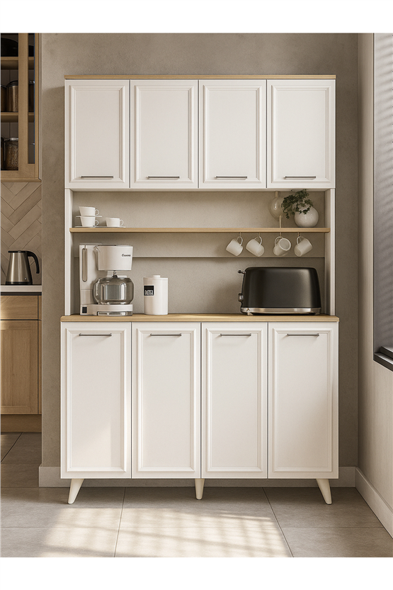 Dorpek Potter 4 Kapaklı Mutfak Dolabı Kahve Köşesi Çok Amaçlı Dolap Beyaz - Rota 120 Cm