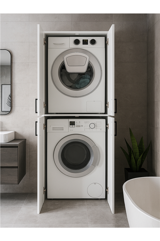 Dorpek Tani Kapaklı Çamaşır ve Kurutma Makinesi Dolabı, Çok Amaçlı Dolap, Beyaz Banyo Dolabı