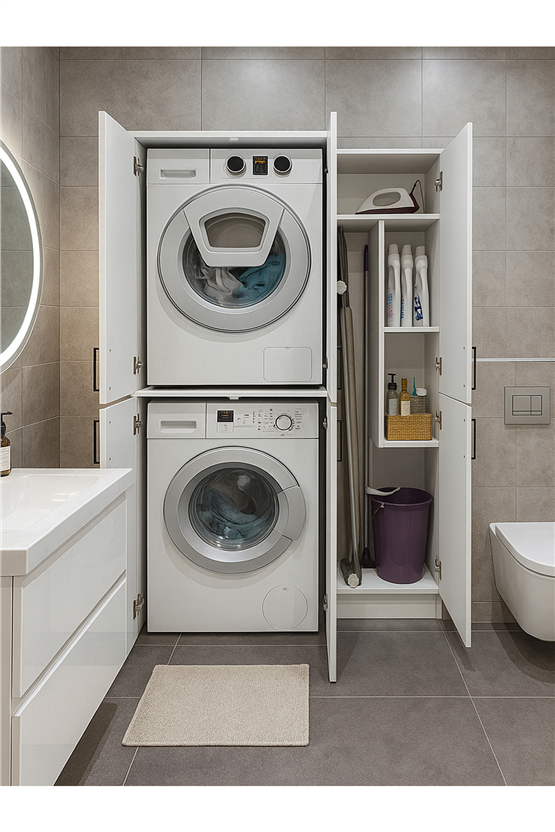 Dorpek Tani Kapaklı Çamaşır ve Kurutma Makinesi Dolabı & Rovi Banyo Dolabı, Ütü Masası Dolabı | Beyaz