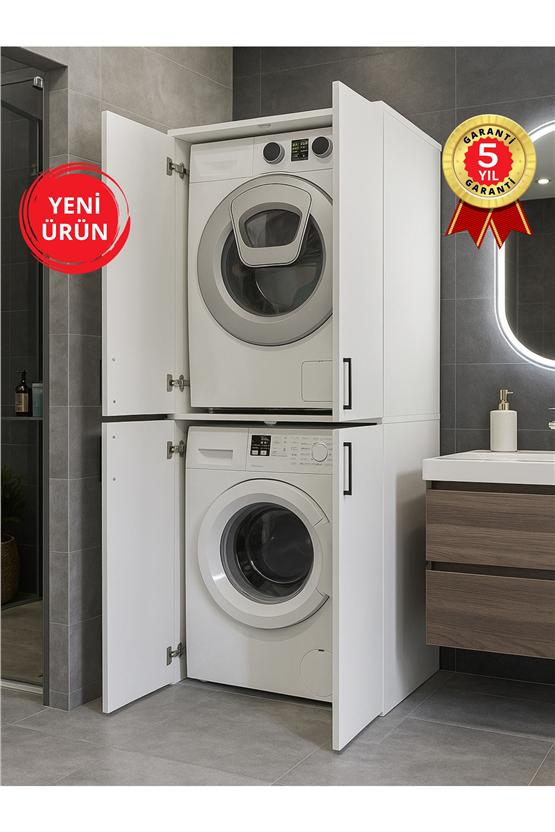 Dorpek Tani Kapaklı Çamaşır ve Kurutma Makinesi Dolabı, Çok Amaçlı Dolap, Beyaz Banyo Dolabı