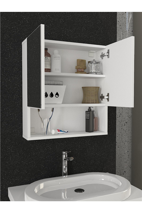 Dorpek Trama Aynalı Banyo Üst Dolabı 3 Raflı Çok Amaçlı Dolap Beyaz
