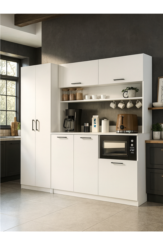 Dorpek Tuco 3 Kapakli Mutfak Dolabı & Tuco 2 Kapaklı 5 Rafli Çok Amaçlı Dolap Kahve Köşesi Beyaz
