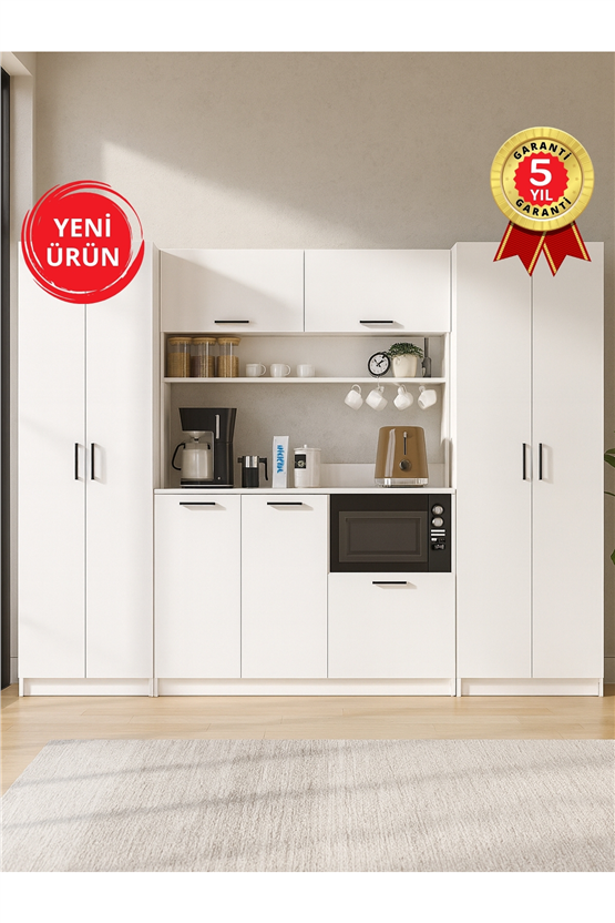 Dorpek Tuco 3 Kapakli Mutfak Dolabı & Tuco 2*2 Kapaklı 2*5 Rafli Çok Amaçlı Dolap Kahve Köşesi Beyaz