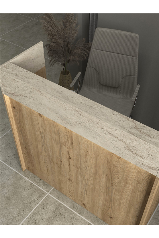 Dorpek Wilko Çekmeceli Led Işıklı Karşılama Bankosu 110cm Sepet Traverten Kasa Resepsiyon Masası Ofis Banko