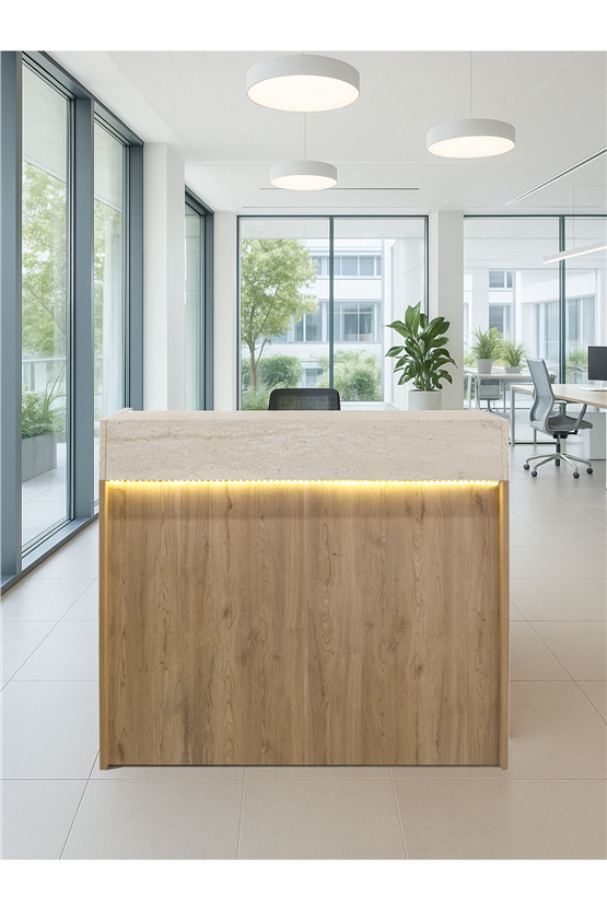 Dorpek Wilko Çekmeceli Led Işıklı Karşılama Bankosu 110cm Sepet Traverten Kasa Resepsiyon Masası Ofis Banko