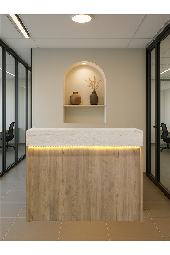Dorpek Wilko Çekmeceli Led Işıklı Karşılama Bankosu 110cm Sepet Traverten Kasa Resepsiyon Masası Ofis Banko