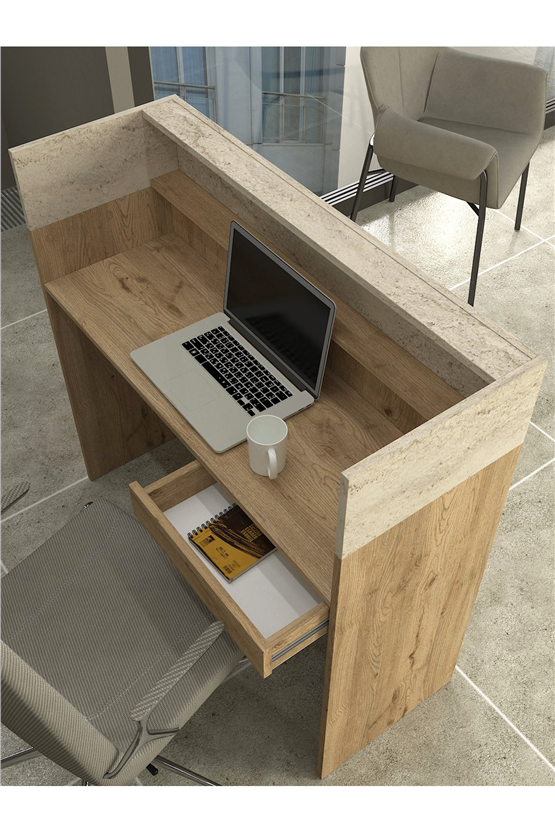 Dorpek Wilko Çekmeceli Led Işıklı Karşılama Bankosu 110cm Sepet Traverten Kasa Resepsiyon Masası Ofis Banko