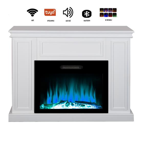 Tektes Elektrikli Şömine Kasalı 118cm Kasalı 8 Renkli Alev Sesli Bluetoothlu Wifi Uygulamalı