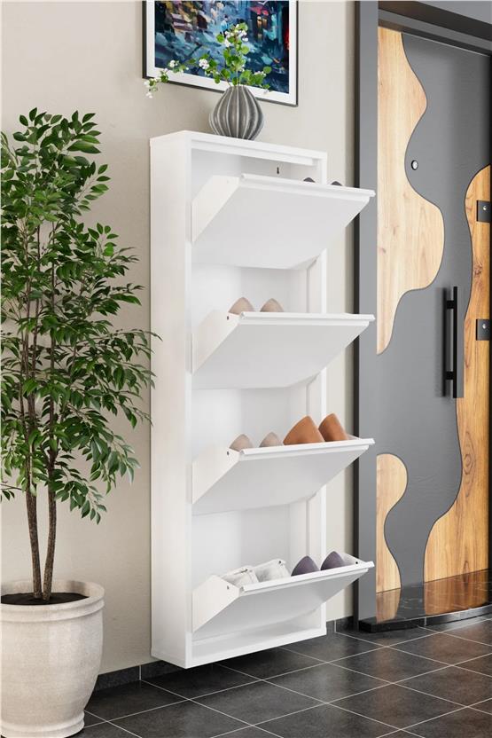 Evdemo 4 Kapaklı Metal Ayakkabılık Beyaz