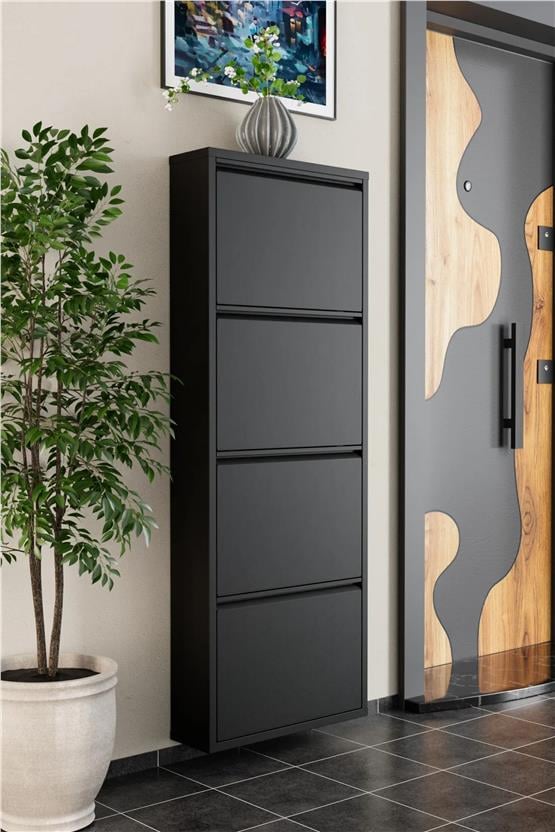 Evdemo 4 Kapaklı Metal Ayakkabılık Siyah