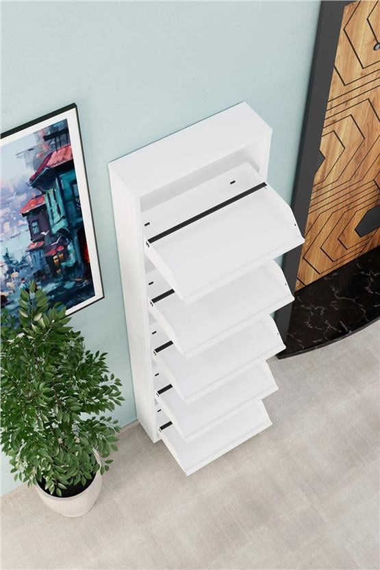 Evdemo 5 Kapaklı Metal Ayakkabılık Beyaz