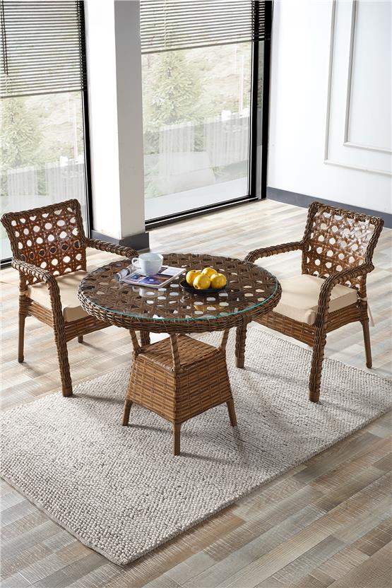 Evdemo Ayaz 2 Kişilik Rattan Bahçe Balkon Mutfak Masa Takımı Kahve