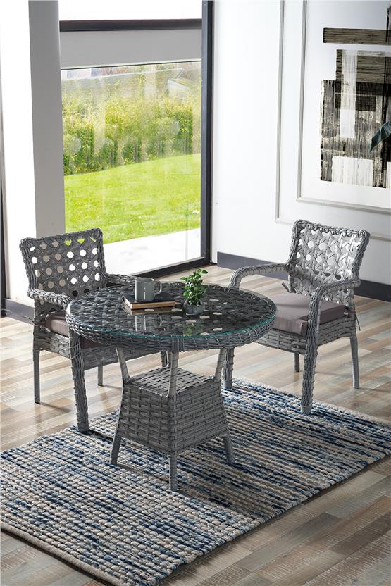 Evdemo Ayaz 2 Kişilik Rattan Bahçe Balkon Mutfak Masa Takımı Açık Gri