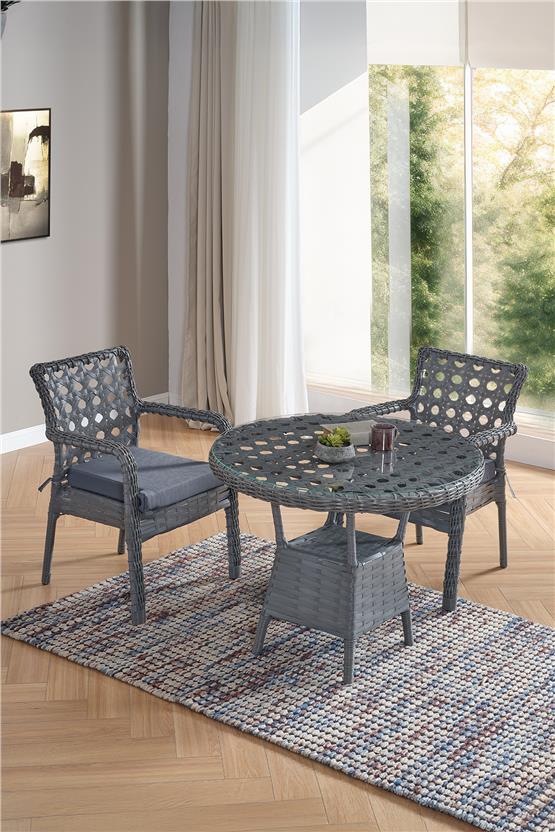 Evdemo Ayaz 2 Kişilik Rattan Bahçe Balkon Mutfak Masa Takımı Gri