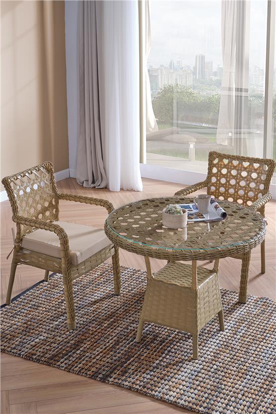 Evdemo Ayaz 2 Kişilik Rattan Bahçe Balkon Mutfak Masa Takımı Cappuccino