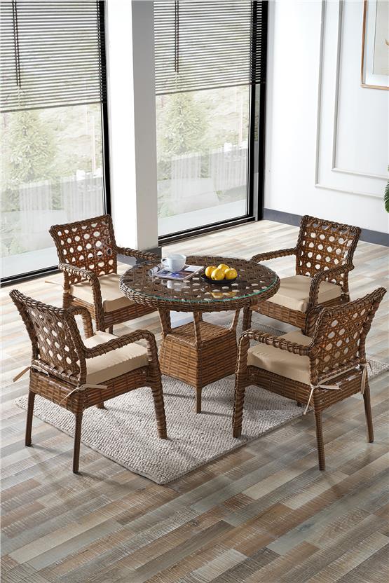 Evdemo Ayaz 4 Kişilik Rattan Bahçe Balkon Mutfak Masa Takımı Kahve