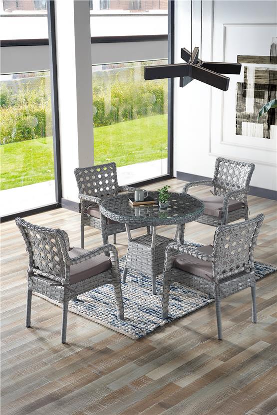 Evdemo Ayaz 4 Kişilik Rattan Bahçe Balkon Mutfak Masa Takımı Açık Gri