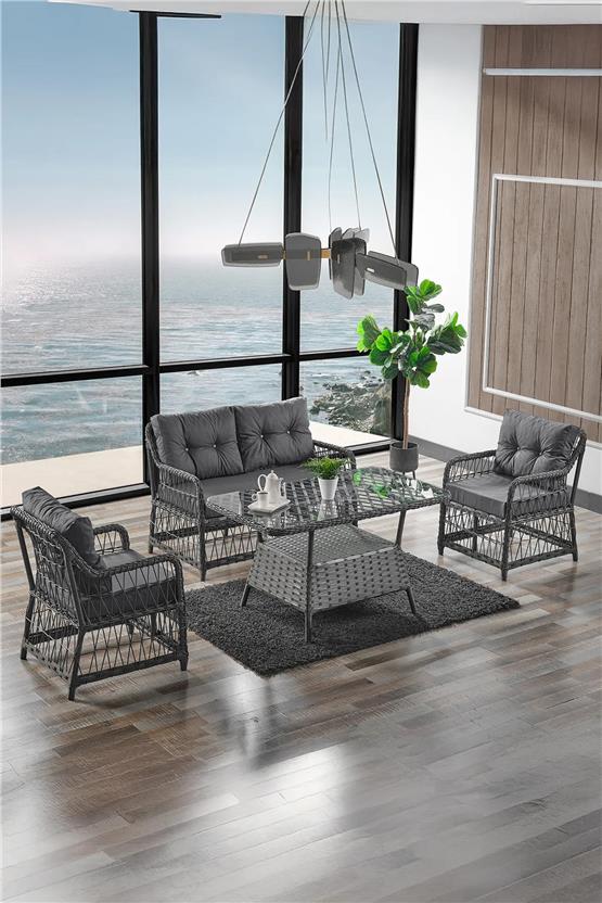 Evdemo Breda Rattan Örgü Bahçe Balkon Takımı 2+1+1 Cam Masalı Antrasit