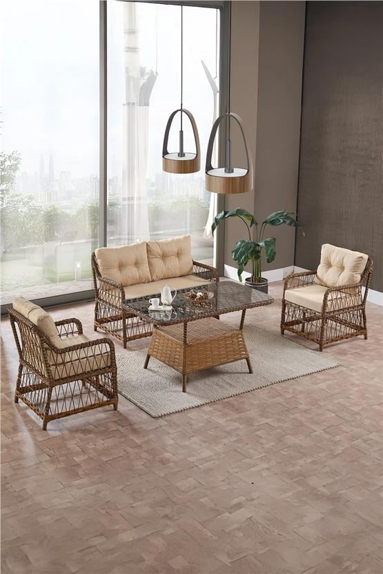 Evdemo Breda Rattan Örgü Bahçe Balkon Takımı 2+1+1 Cam Masalı Kahve