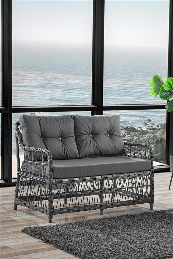 Evdemo Breda Rattan Örgü Bahçe Balkon Takımı 2+1+1 Cam Masalı Antrasit