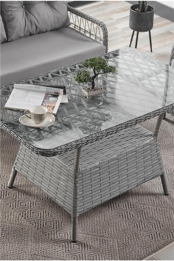 Evdemo Breda Rattan Örgü Bahçe Balkon Takımı 2+1+1 Cam Masalı Gri