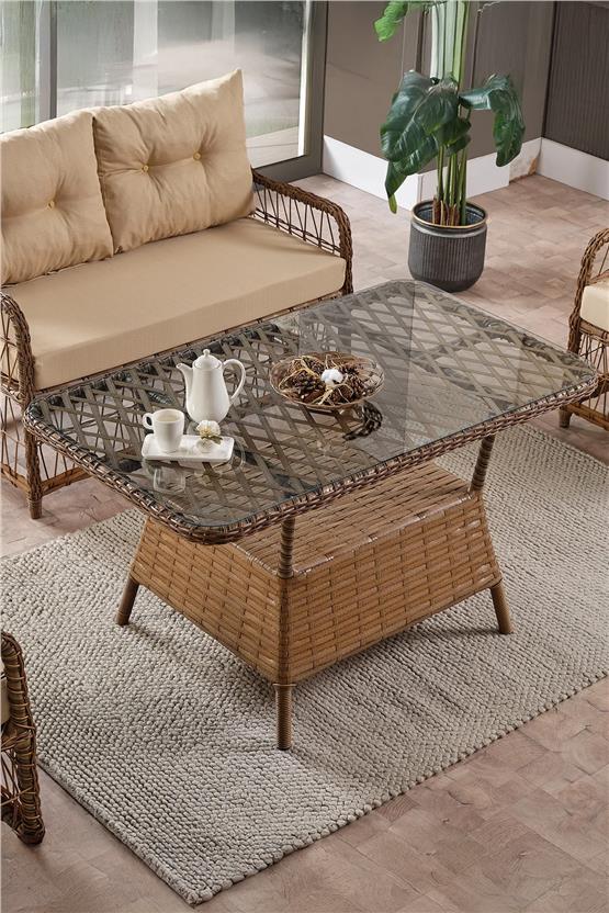 Evdemo Breda Rattan Örgü Bahçe Balkon Takımı 2+1+1 Cam Masalı Kahve