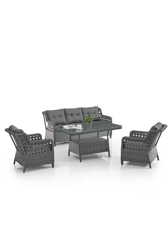 Evdemo Deniz Rattan Puflu Bahçe Balkon Takımı 3+1+1 Antrasit