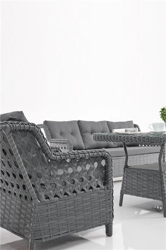 Evdemo Deniz Rattan Puflu Bahçe Balkon Takımı 3+1+1 Antrasit