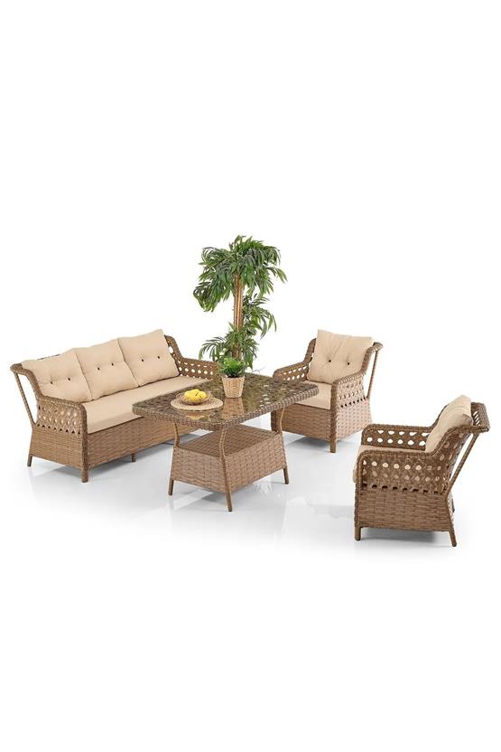 Evdemo Deniz Rattan Puflu Bahçe Balkon Takımı 3+1+1 Kahve