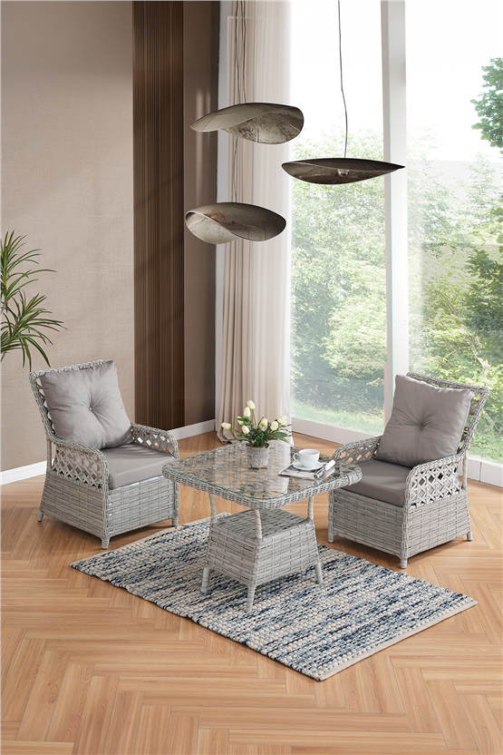 Evdemo Duru 2 Kişilik Rattan Bahçe Balkon Mutfak Masa Takımı Gri