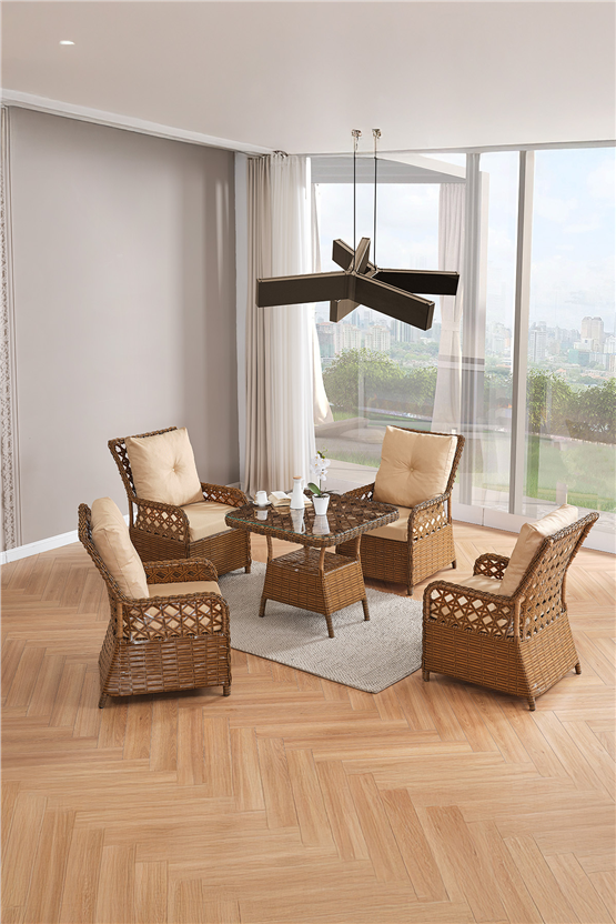 Evdemo Duru 4 Kişilik Rattan Bahçe Balkon Mutfak Masa Takımı Kahve