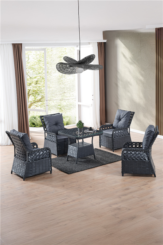 Evdemo Duru 4 Kişilik Rattan Bahçe Balkon Mutfak Masa Takımı Antrasit