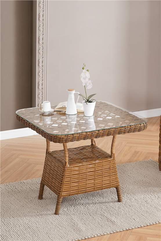 Evdemo Duru 4 Kişilik Rattan Bahçe Balkon Mutfak Masa Takımı Kahve