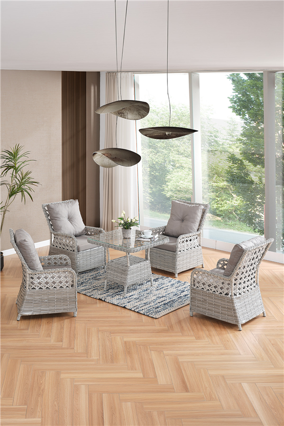 Evdemo Duru 4 Kişilik Rattan Bahçe Balkon Mutfak Masa Takımı Gri