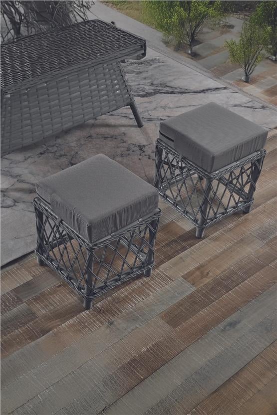 Evdemo Edra Rattan Puflu Bahçe Balkon Takımı 3+1+1+Camlı Masa Gri